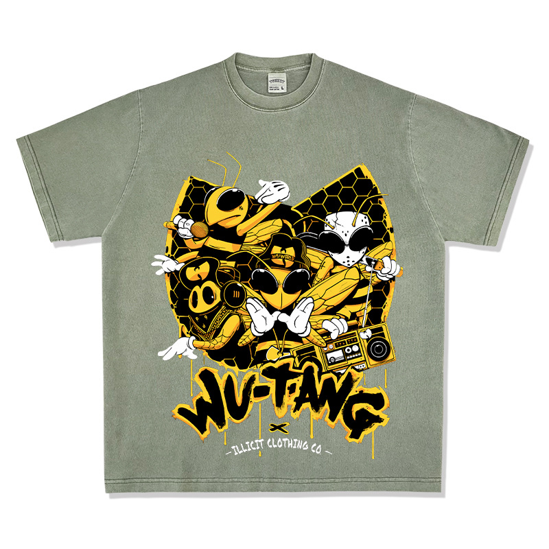 Wu-tang camiseta de manga corta retro americana con estampado lavado y desgastado suéter con capucha y cuello redondo suelto de algodón pesado