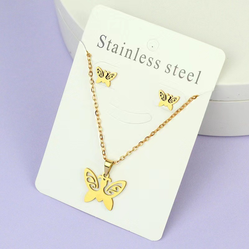 Net Red Butterfly Love Cross Personalidad Simple Juego de joyas de acero inoxidable Pendientes de oro Juego de collar al por mayor