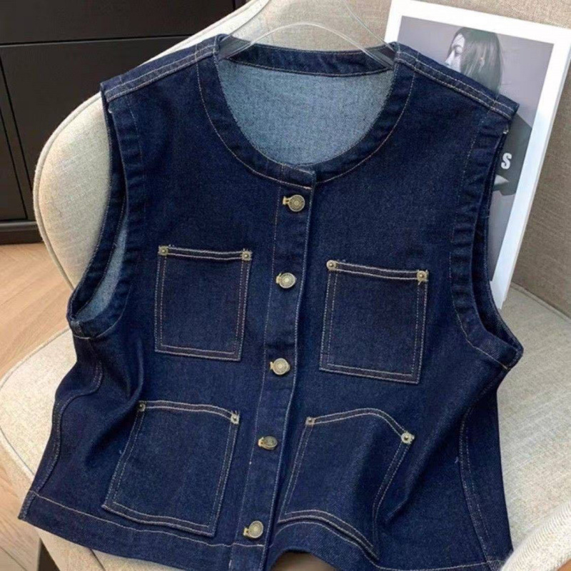 Trendy Retro Round Neck Denim Vest Color-Resistant Fabric Spring Summer New Versatile Loose Layered Waistcoat Women's Clothing