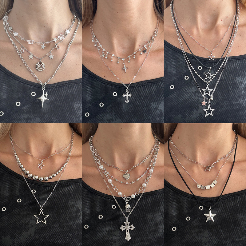 European and American Cross-Border Jewelry, Sweet and Cool Girl Style Star-Shaped Rhinestone Pendant Necklace, Simple Cross-Shaped Y-Shaped Clavicle Chain