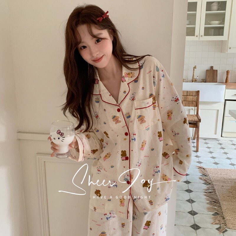 Pure Cotton Double-Layer Gauze Pajamas with Inlaid Patterns, Cute Style for Women, Long-Sleeved and Long-Pants Loungewear, New Spring and Autumn Family Matching Set