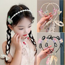 儿童发饰女童蝴蝶珍珠假发辫头花发箍宝宝新中式超仙飘带编发花环