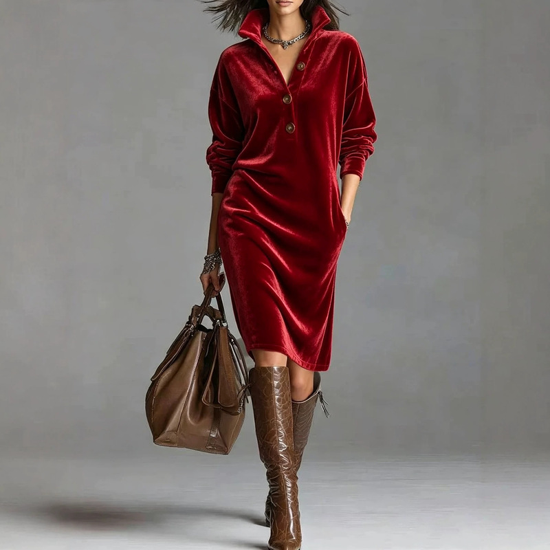 2026 Cross-Border Foreign Trade European and American New Style Autumn/Winter Casual Buttoned Collar Loose Fit Straight Knit Mid-Length Sweater Dress