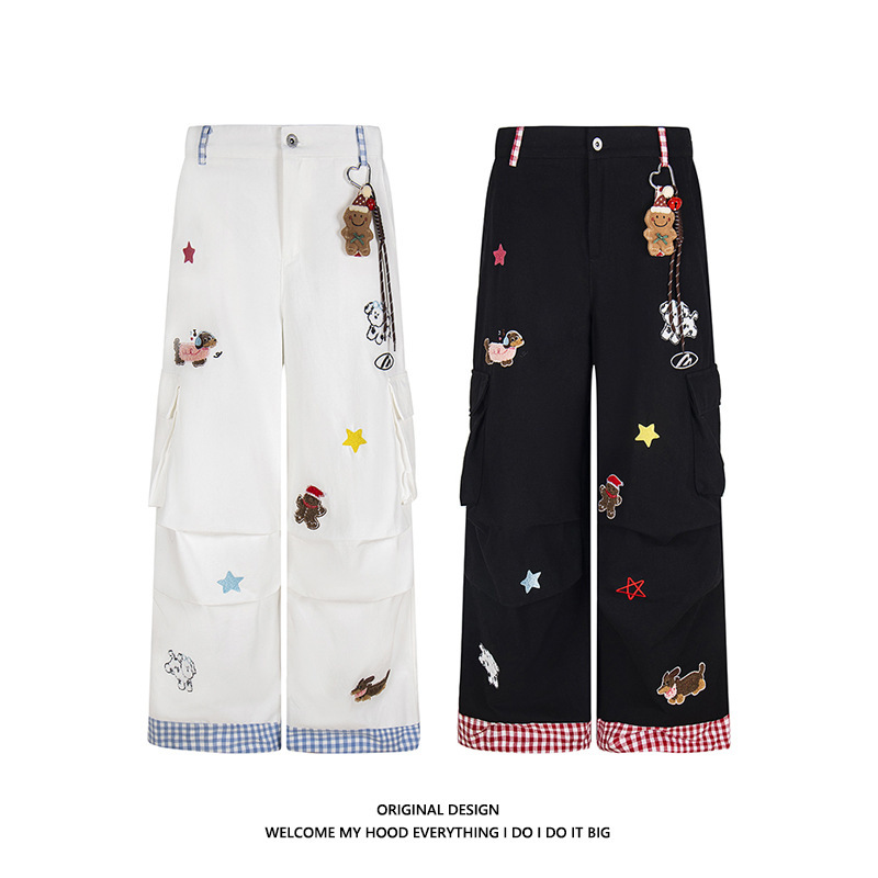 ドーパミンウェアアップルパピー刺繍ワークウェアチェック柄カジュアルパンツ男性と女性のための 2025 ルーズカジュアルワイドレッグパンツ|undefined
