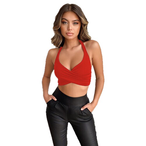 Summer cross-border promotional women's halter tops, European and American style sexy backless crossover neckline slim-fit versatile sleeveless tops