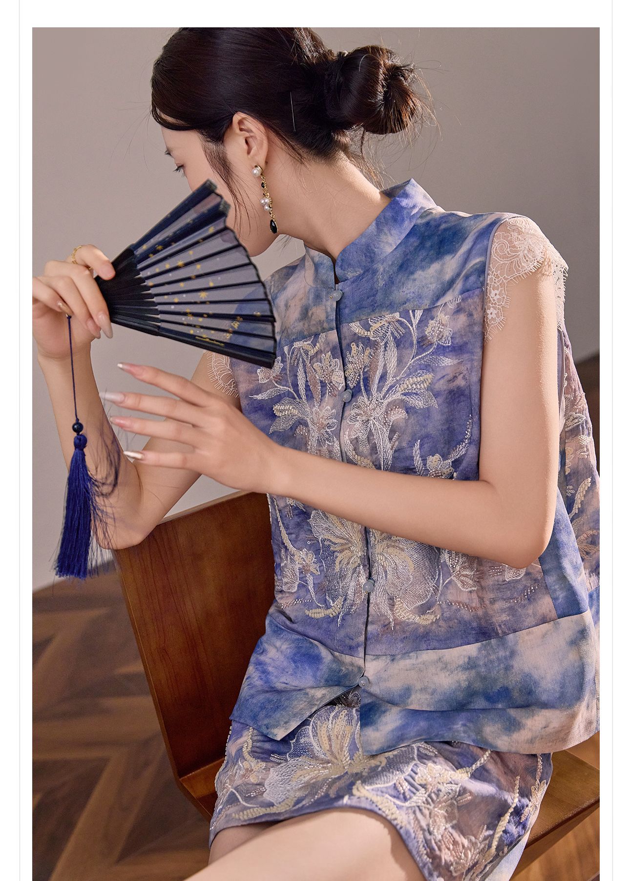 Bộ vest chân váy cổ đứng thêu họa tiết nặng cao cấp mùa hè ZX N6005 — áo vest màu vàng, váy màu vàng, váy xanh chi tiết 2