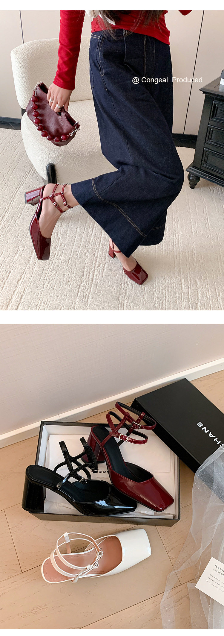 Giày sandal cao gót nữ mũi vuông bít mũi quai ngang gót thô da thật — Màu đen chi tiết 8