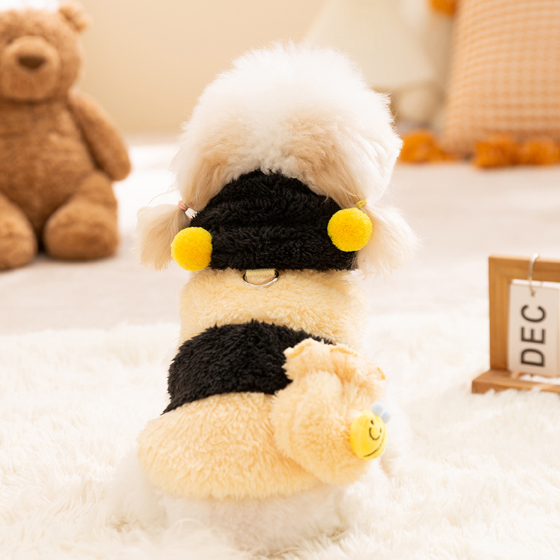 Amarillo y negro contraste lindo viento abeja pequeña disfraz de dos patas grueso chaqueta de peluche con capuzas perros pequeños mascotas ropa de perro