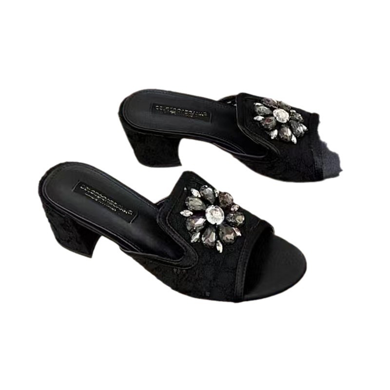 Sandali donna con tacco largo in pizzo e strass blu_voghion.com