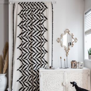 Yiman Qiyun Curtain Finished Cotton and Linen Printed Black Geometric Curtain Semi-Shaded Kitchen Curtain Bay Window