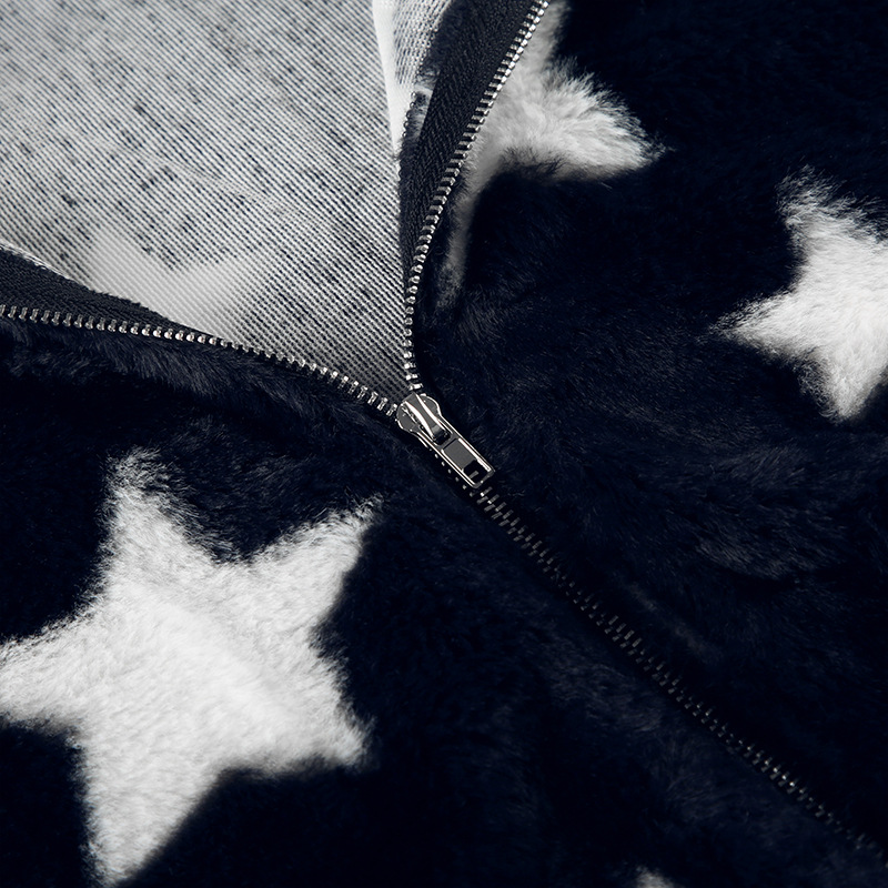 Five Pointed Star Hooded Loose Plush Warm Coat Millennium Sexy Street Contrast Color Niche Zipper Sweatshirt