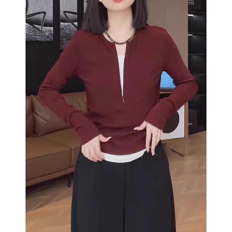 纯棉时尚假两件长袖打底T恤秋季新款大码胖mm显瘦设计感内搭上衣|undefined