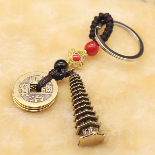 Real Copper Five Emperors Money Keychain Brass Pendant Pendant Ping An Copper Coin Travel Car Accessories Decoration Street Stall Live Broadcast