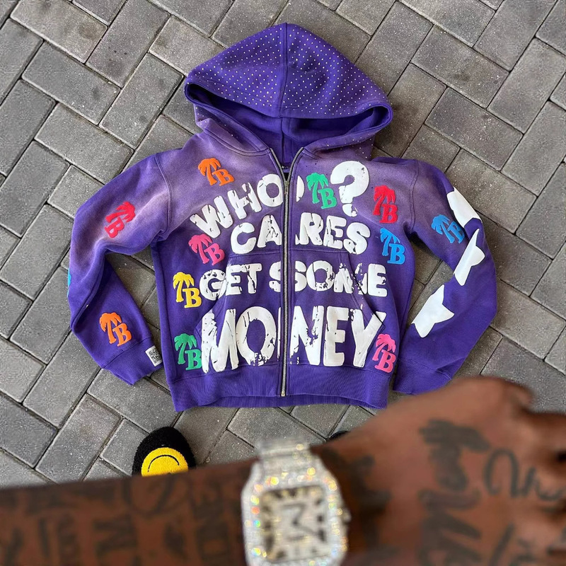 American Retro Distressed Graffiti Sweatshirt with Red Lettering Printed with Rhinestones and Hooded Cardigan Jacket