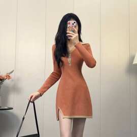 POLO翻领针织连衣裙女2026秋季新款设计感修身显瘦复古开叉短裙女