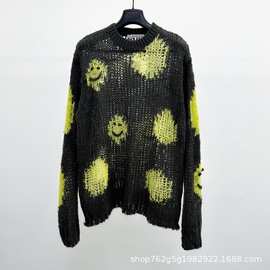 正确版本25FW新款AC家镂空马海毛笑脸嵌花圆领毛衣情侣款百搭高街