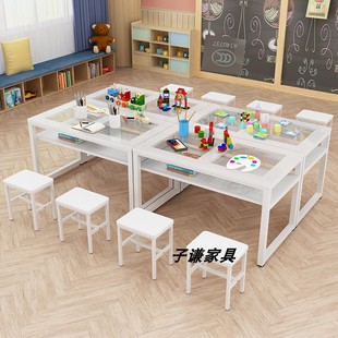 Kindergarten Primary School Students Double-layer Handmade Art Painting Table Round Tempered Glass Table Studio Desk and Chair Combination