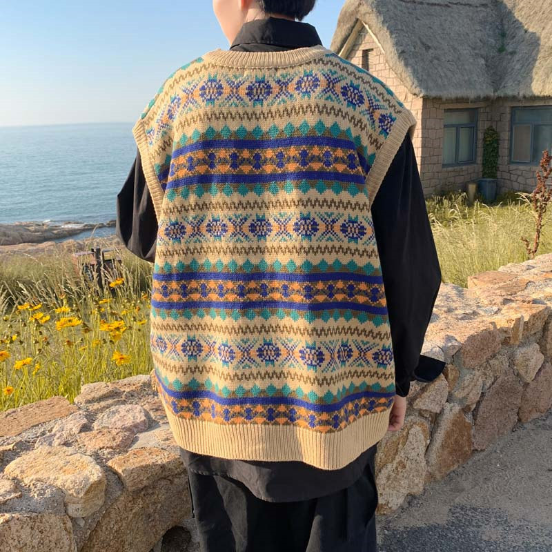 Estilo coreano 2023 otoño nuevo suéter chaleco rayas suéter costura suéter sin mangas V-cuello nueva llegada