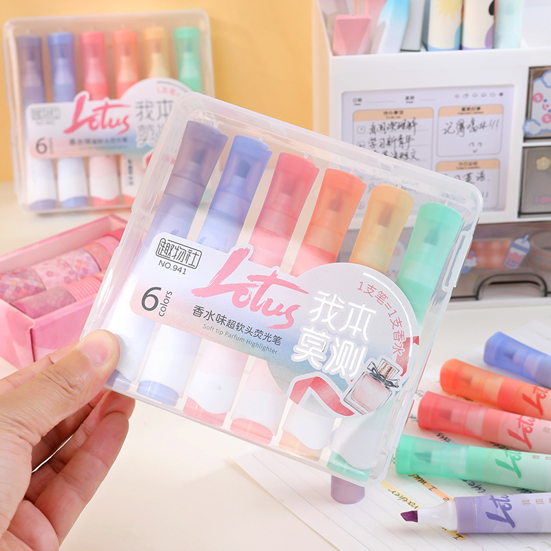 Perfume de dibujos animados, cabeza suave, resaltador de escuela primaria, útiles escolares, puntos de conocimiento clave, bolígrafo de color en caja