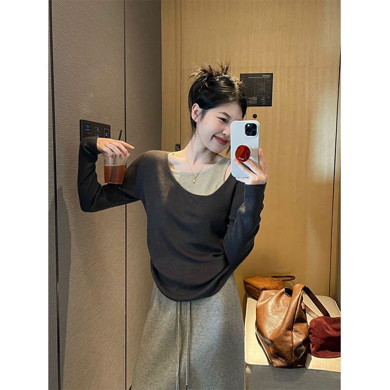 大码女装胖mm穿搭慵懒风显瘦假两件拼接撞色小众设计感针织上衣女|undefined