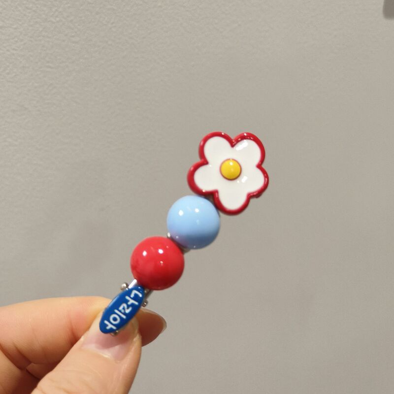 韩系新款红蓝撞色圆珠花朵发夹可爱碎发前额侧边发卡刘海夹头饰批|undefined