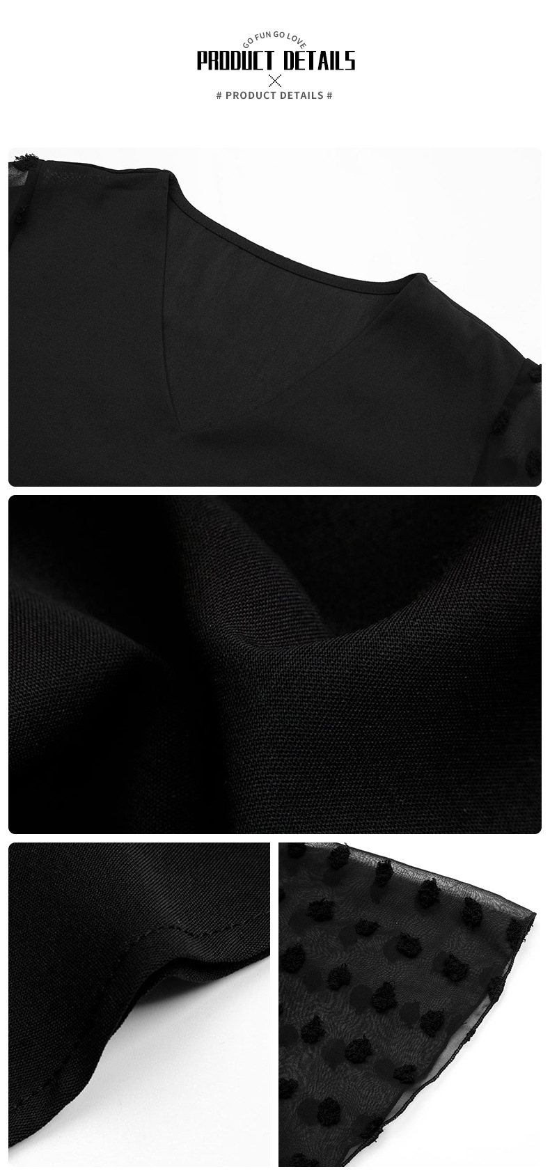 Schwarzes, kurzärmliges, durchsichtiges Trompetenhemd aus Netzstoff mit V-Ausschnitt_voghion.com