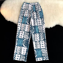 夏季民族风复古亮面印花休闲裤男士潮流宽松街头运动直筒长裤外穿