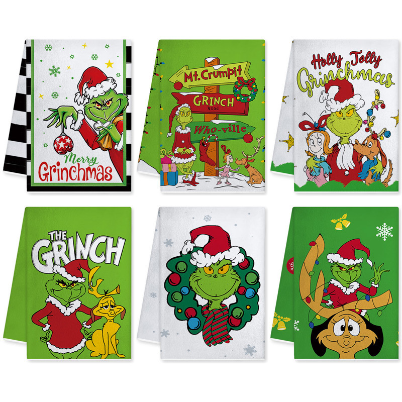 Cross-border Christmas Grinch cartoon print dishcloth, ultra-fine fiber kitchen absorbent cleaning tea towel