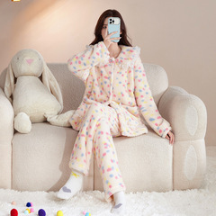 2025新款睡衣女款秋冬季珊瑚绒加绒加厚可爱甜美法兰绒家居服套装