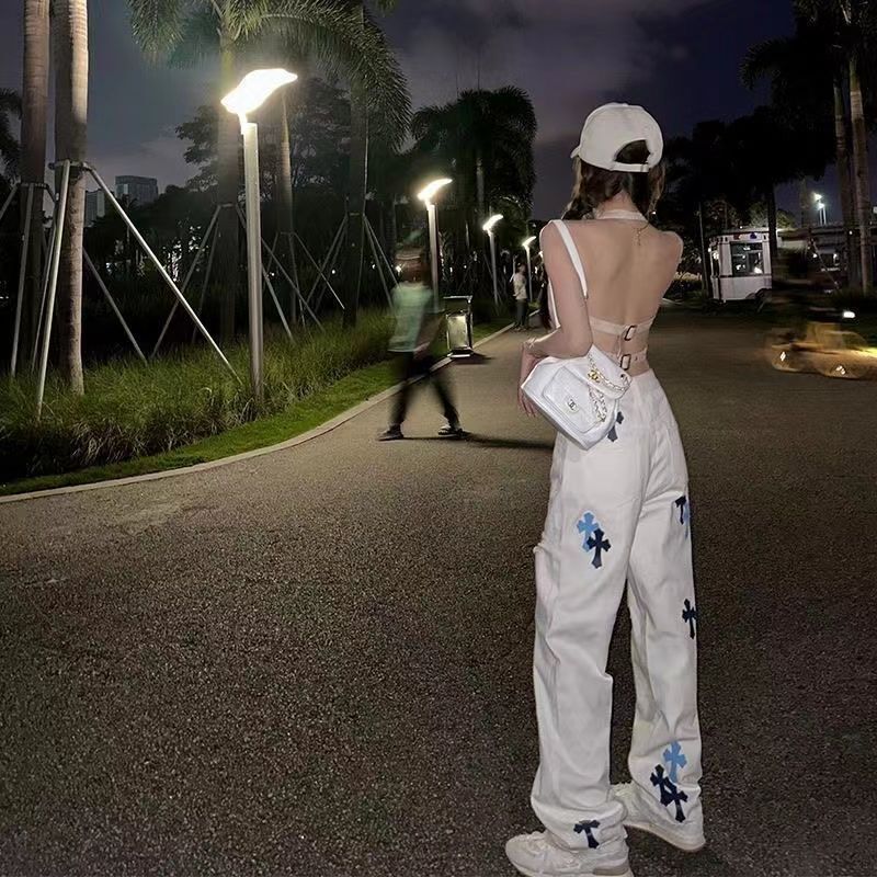 Spring and Autumn New Street Pants Niche Design White Cross Jeans Men's and Women's Straight Oldschool Pants