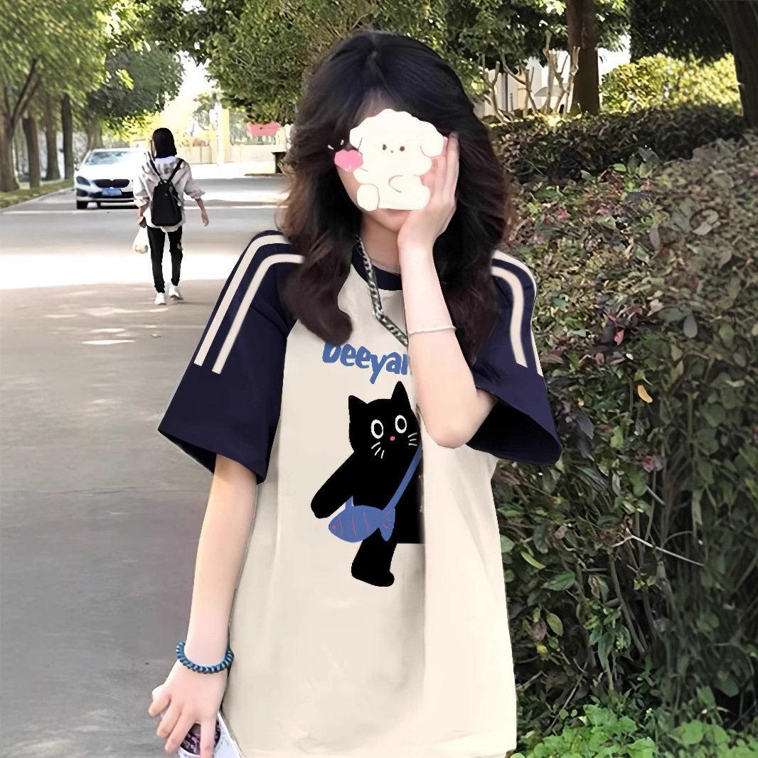 美式复古三条杠插肩短袖t恤女大童夏季初中高中学生宽松半袖上衣