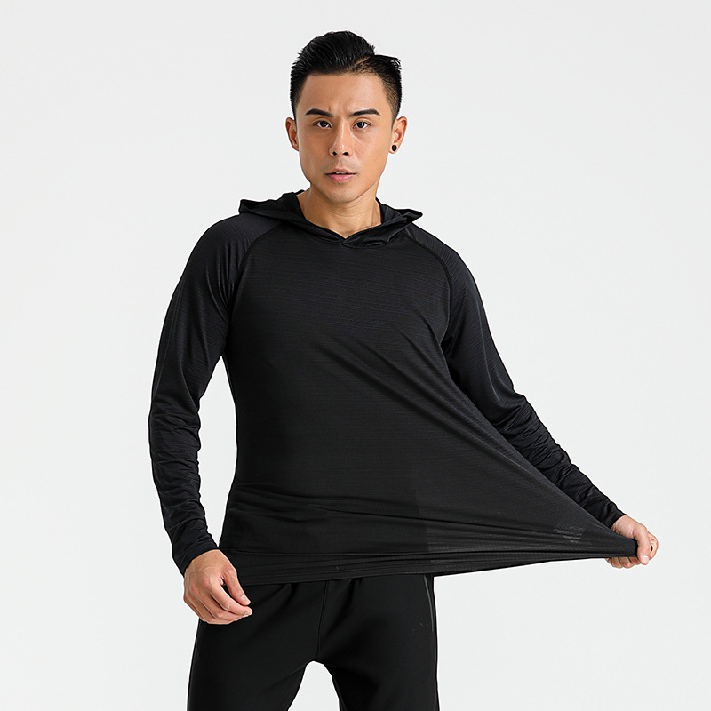 Camiseta de manga larga de primavera y otoño de Los Hombres de Seda de Hielo delgada con capucha transpirable deportes Top suelta casual marca de moda Camiseta de los hombres