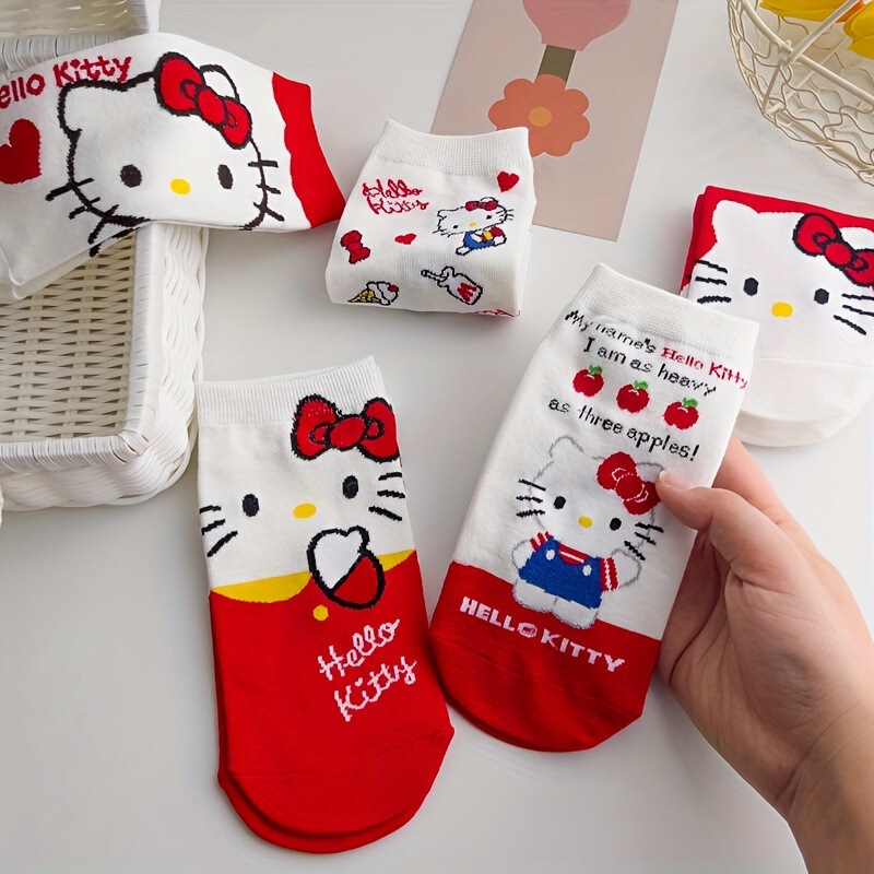 Kawaii Sanrio Cartoon Hello Kitty Red and White Short Socks, Cute Japanese Style Ankle Socks, Women's Long
