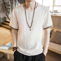 中国風メンズ刺繍リネン Tシャツメンズ半袖ゆったり大きいサイズ薄手カジュアルボタンレトロコットンとリネン