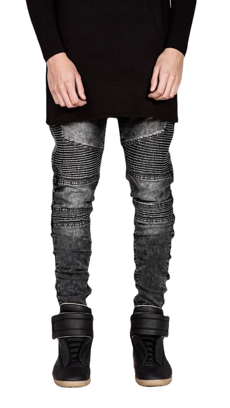 Pantaloni moto da uomo alla moda con pinces, vestibilità slim e jeans con gamba elastica_voghion.com