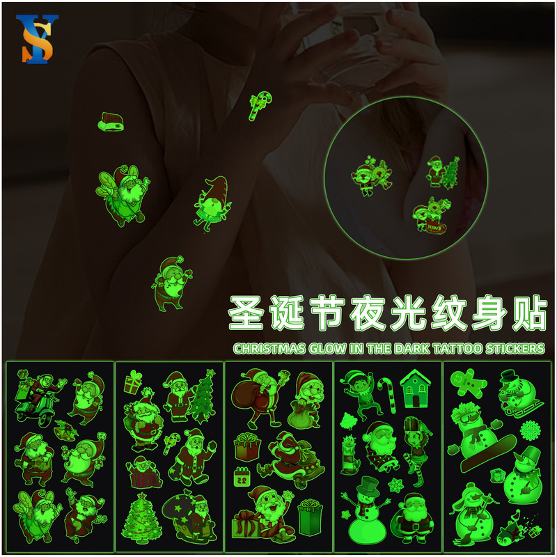 Cross-border New Christmas Luminous Tattoo Sticker Waterproof Sweat Green Luminous Children Cartoon Arm Tattoo Sticker