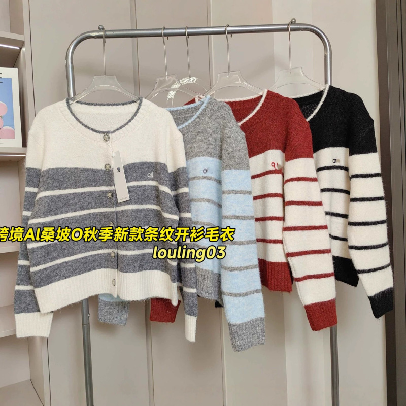 Foreign trade AL Sangpo O striped sweater cardigan 2026 women's autumn and winter new embroidered letter round neck knit top Foreign trade AL Sangpo O striped sweater cardigan 2026 women's autumn and winter new embroidered letter round neck knit top