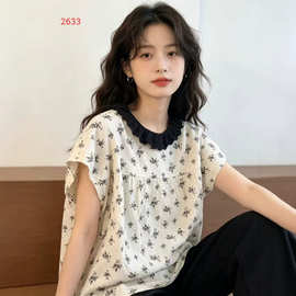 2026年女装夏季新款碎花花边领体恤衫日韩文艺范T恤短袖棉上衣