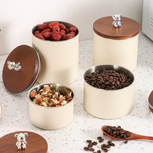 304圆形密封罐带刻度实木盖子咖啡豆咖啡粉罐防潮坚果补品盒收纳