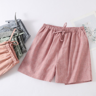 Cotton Unprinted Plaid Couple Shorts Double-Layer Gauze Summer Thin Style with Side Pockets and Waist Rope Men's and Women's Yarn-Dyed Home Pants