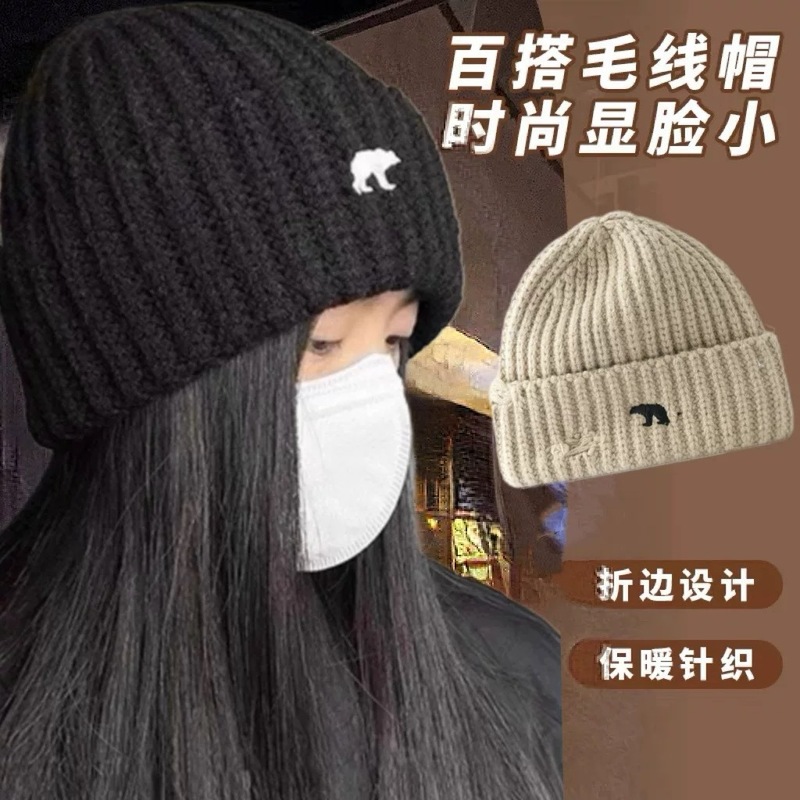 秋冬新款北极熊破洞毛线帽子女大头围针织帽保暖护耳套头冷帽男潮|undefined