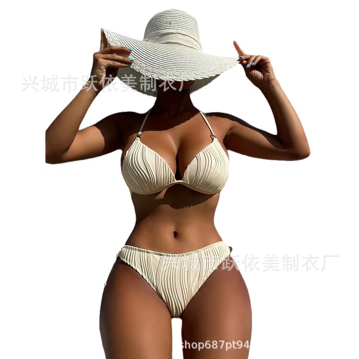 欧美新款游泳衣跨境性感分体带胸垫比基尼糖果色波浪法式三点详情6