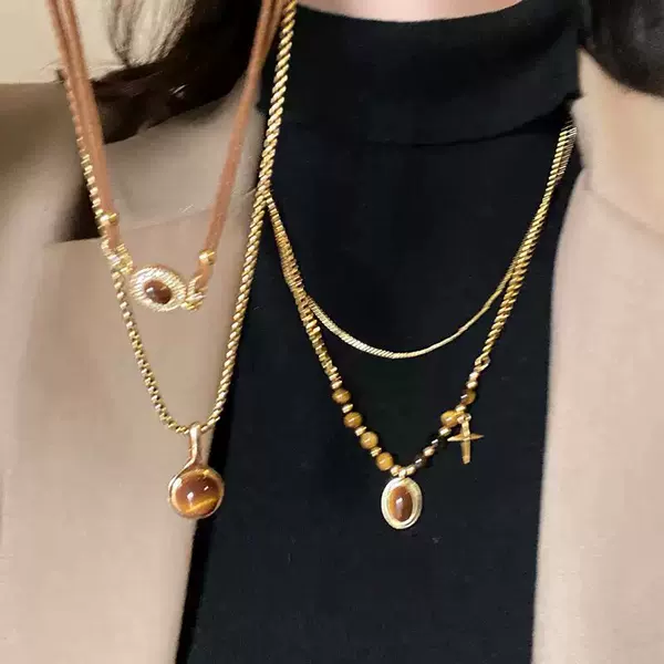 Maillard Style Tiger Eye Stone Pendant Necklace for Women, Light Luxury and High-End Feel, Double-Layered Sweater Chain, Autumn and Winter Retro Accessories