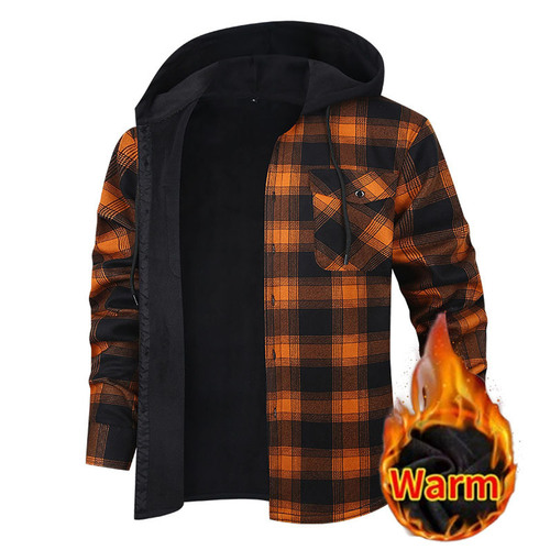 2026 autumn and winter hot fashion, velvet hooded plaid casual large size men's long-sleeved shirt, men's warm shirt
