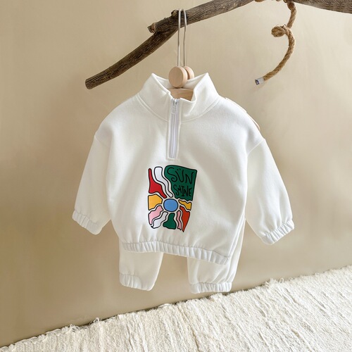 Korean Version New Baby and Toddler Pajama Set with Fleece Print, Stylish Zip-Up Hoodie for Boys and Girls