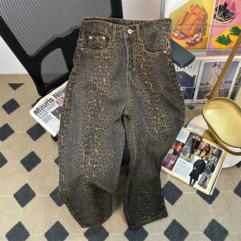 American Style Retro High Street Leopard Print Wide Leg Jeans Men's Trendy Brand Street Design Sense Loose Straight Casual Long Pants