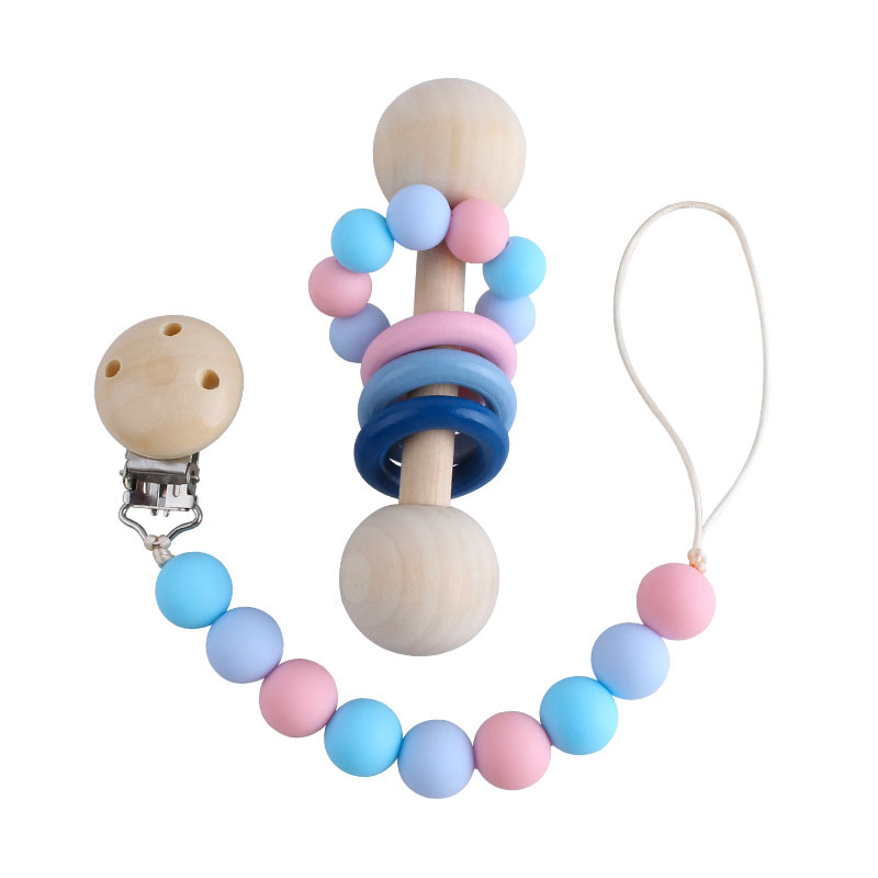 Creativo nuevo juguete de madera los niños mordedor bebé ejercicio interactivo agarre sonajero chupete silicona cadena traje