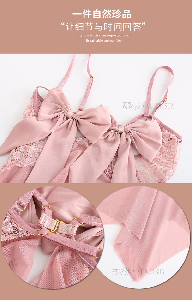 Pink Mesh Babydoll Nightdress Set with Robe and Halter Top, One Size — detail image 3