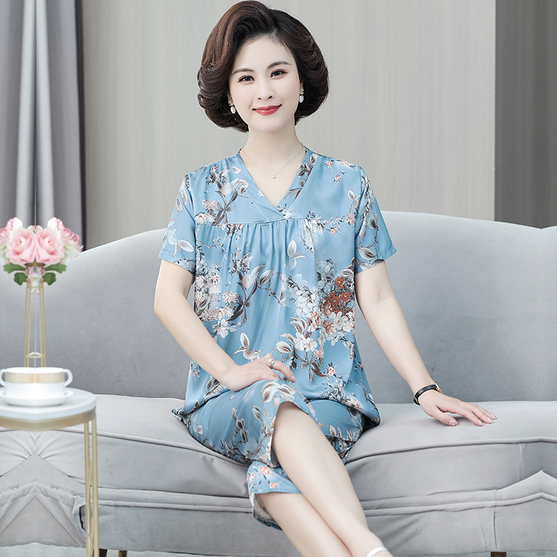 중년 엄마 잠옷 반팔 얇은 여름 얼음 실크 중년 및 노인 실크 같은 가정복 여성 여름 세트