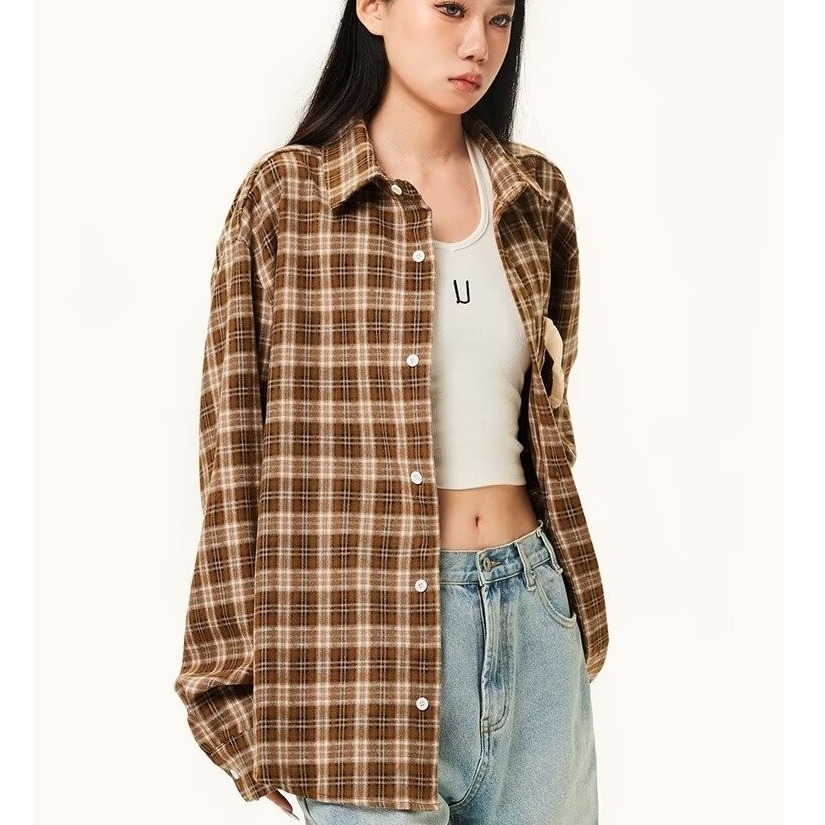 봄, 가을 한국 버전 틈새 복고풍 느슨한 격자 무늬 긴팔 셔츠 소년 분위기 하이 스트리트 다목적 격자 무늬 셔츠 트렌드